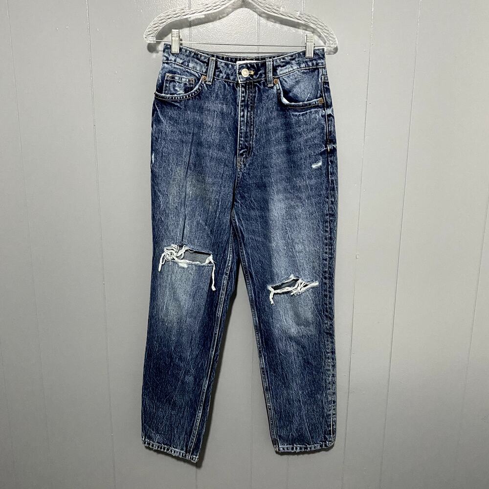 Zara Blue Dark Wash Distressed Straight Leg High Rise Relaxed Jeans 6